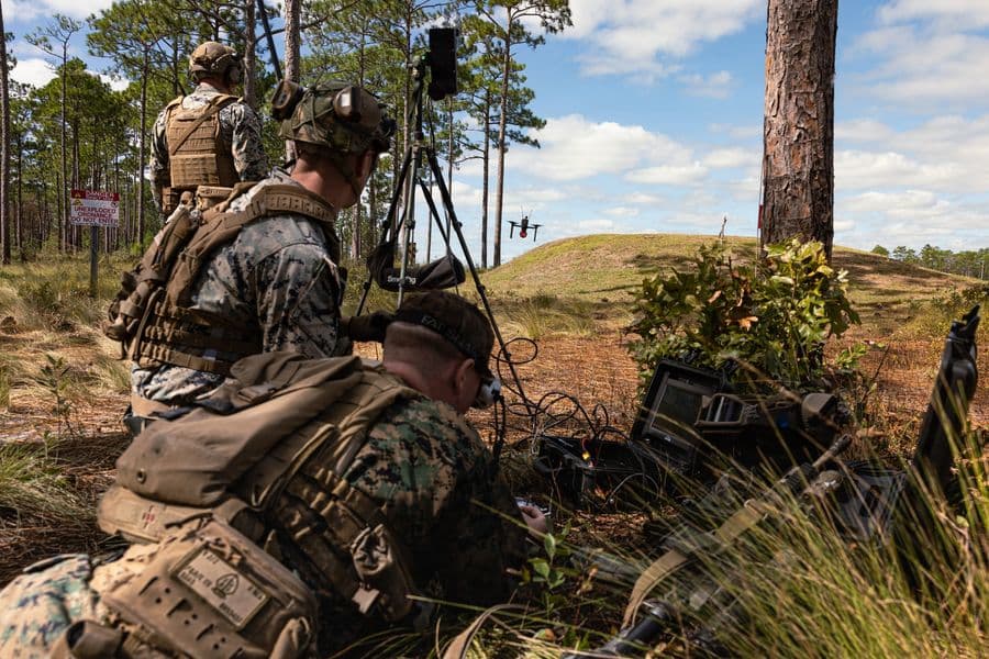 U.S. Marines with 2nd Battalion, 2nd Marine Regiment, 2nd Marine Division, fly a Neros Archer first-person view drone during a Marine Corps Combat Evaluation on Marine Corps Base Camp Lejeune, North Carolina, Oct. 20, 2026. A MCCRE involves a range of scenarios and challenges that test the unit's ability to plan, coordinate, and execute complex missions, including offensive and defensive operations, logistics, and communications. (U.S. Marine Corps photo by Cpl. Judith Ann Lazaro)
