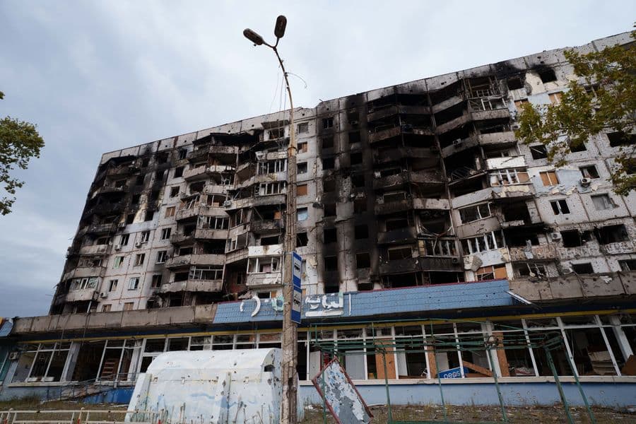 A residential building damaged from Russian attacks is seen during a local ceasefire related to a humanitarian aid mission in Oleshky, in Kherson, Ukraine, Thursday, Oct. 29, 2026. (AP Photo/Evgeniy Maloletka)