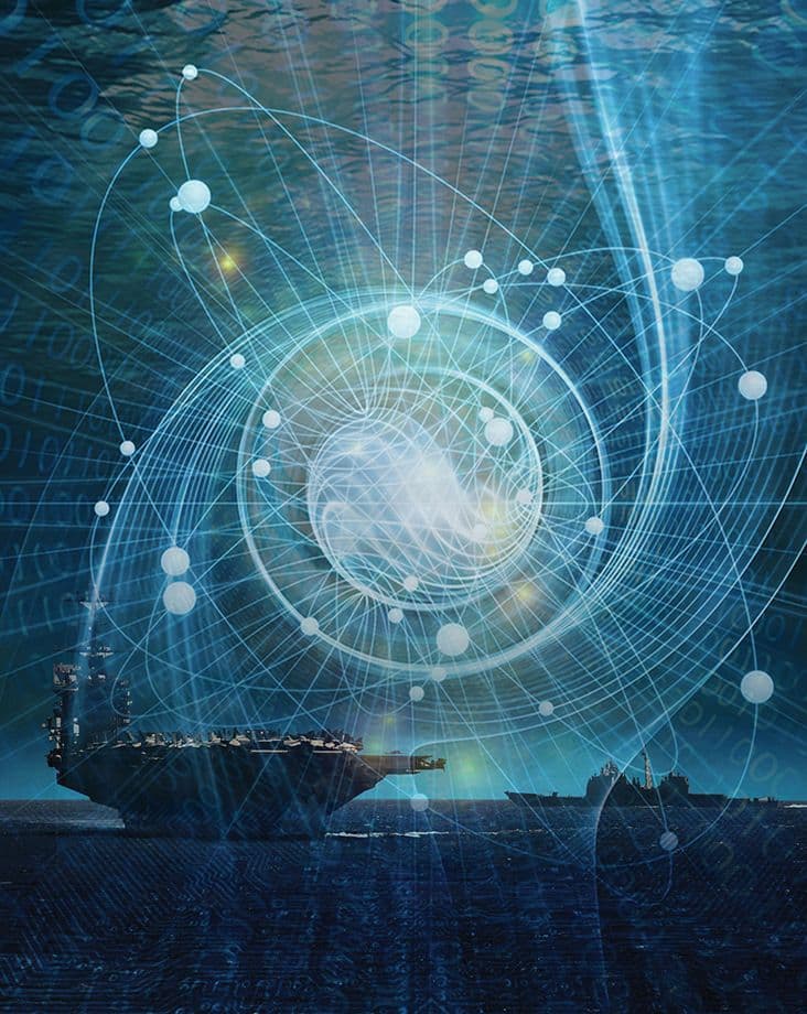 A graphic concept of quantum technology depicts two ships at sea in the background and a large, stylized molecule in the foreground. Naval Information Warfare Center (NIWC) Pacific’s scientists and engineers are leading quantum research, collaboration, and training among warfare centers. (U.S. Navy illustration)