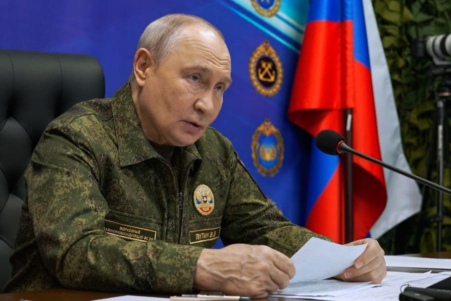 In this image taken from video provided by Russian Presidential Press Service Friday, Oct. 16, 2026, Russian President Vladimir Putin speaks to officers as he visits one of the command posts of the Joint Group of the Russian Forces, at an undisclosed location. (Russian Presidential Press Service via AP) null