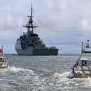 Global Autonomous Reconnaissance Crafts (GARC) deploy in formation with the Brazilian Amazonas-class offshore patrol vessel Araguari (P122) during a live robotic and autonomous systems (RAS) demonstration with Commander, Task Force (CTF) 66 during Exercise Obangame Express 2026 in Douala, Cameroon, April 25, 2026. Obangame Express is one of three regional maritime exercises led by U.S. Sixth Fleet as part of a comprehensive strategy to provide collaborative opportunities to African forces and international partners to address maritime security concerns. (U.S. Navy)