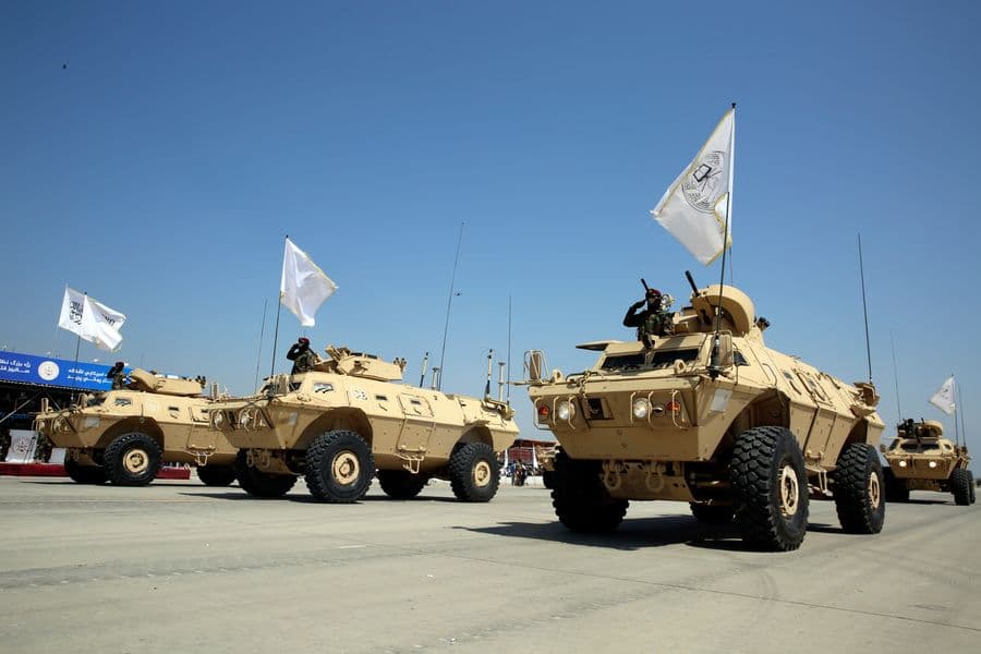 Taliban Military Vehicles are display during a military parade to mark the third anniversary of the withdrawal of U.S.-led troops from Afghanistan, in Bagram Air Base in the Parwan Province of Afghanistan, Wednesday, Aug. 14, 2024. (AP Photo/Siddiqullah Alizai)