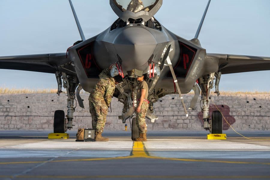 U.S. Air Force Airmen assigned to the 13th Aircraft Maintenance Unit perform preflight maintenance on an F-35A Lightning II during Tarang Shakti 26 at Jodhpur Air Force Station, India, Sept. 30, 2026. Maintainers inspect and service the aircraft before flight operations, ensuring the F-35 is ready for its next flight. (U.S. Air Force photo by Airman 1st Class Nathaniel Jackson)